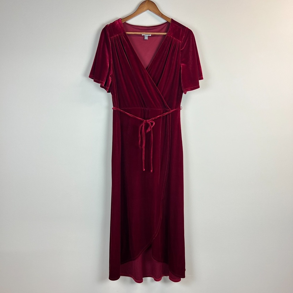 Chelsea 28 Dress XL Burgundy Red Velvet Faux Wrap Maxi Holiday Dress Hi Low